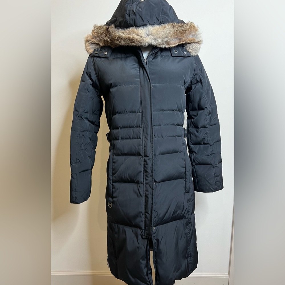 Down & Feather Heavy weight Winter Jacket, Rabbit Fur Trim. Fleece interior XS